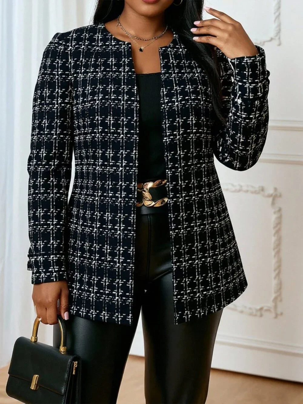 Black Elegant Women's Regular Fit Button Front Plaid Print Jacket Dress